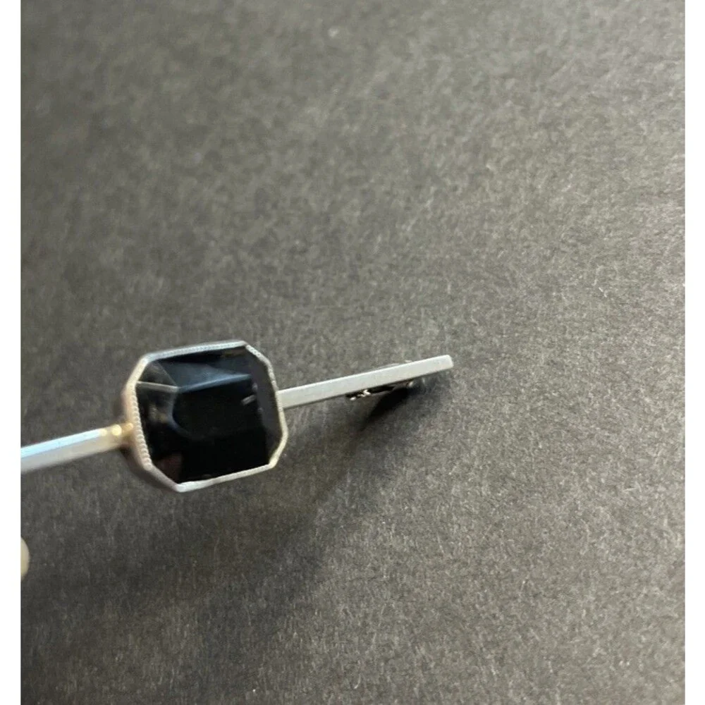 Vintage Sterling Silver .835 Black Onyx Stone Bar Brooch Stick Pin Scarf Necktie